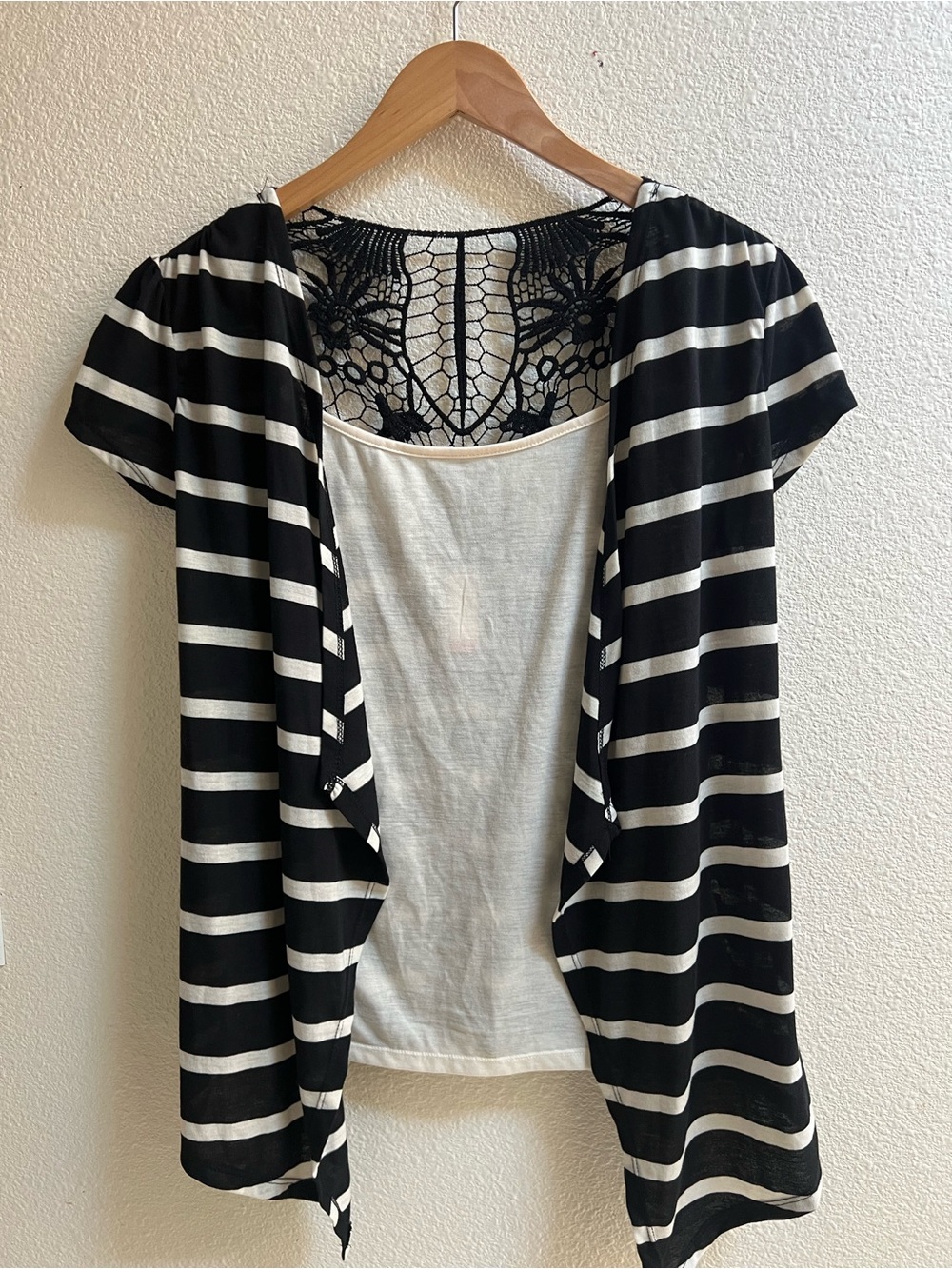 Black and White Striped Open Front Cardigan with Lace Back
